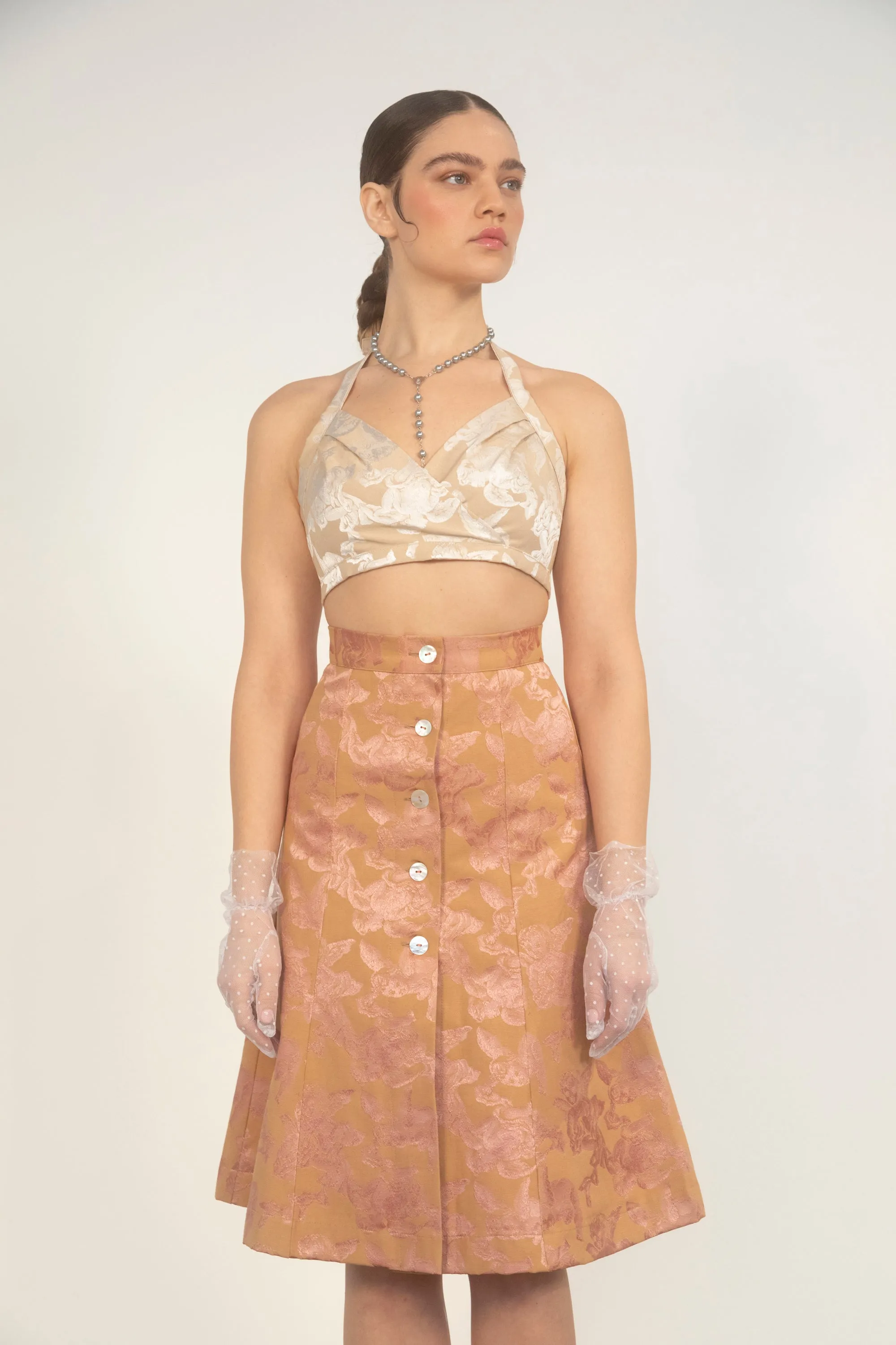 Cherub Button Down Skirt-Tan/Rose Jacquard-Pre-Order