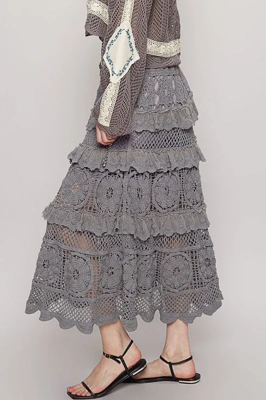 Crochet Lace Ruffled Dark Gray Midi Skirt – Romantic Elegance for Every Occasion