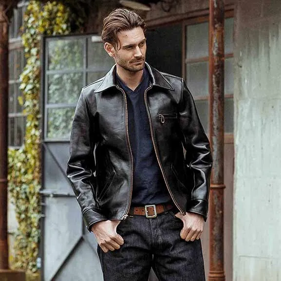 Double Helix Classic 1930's Black Overdyed Horse Leather Jacket
