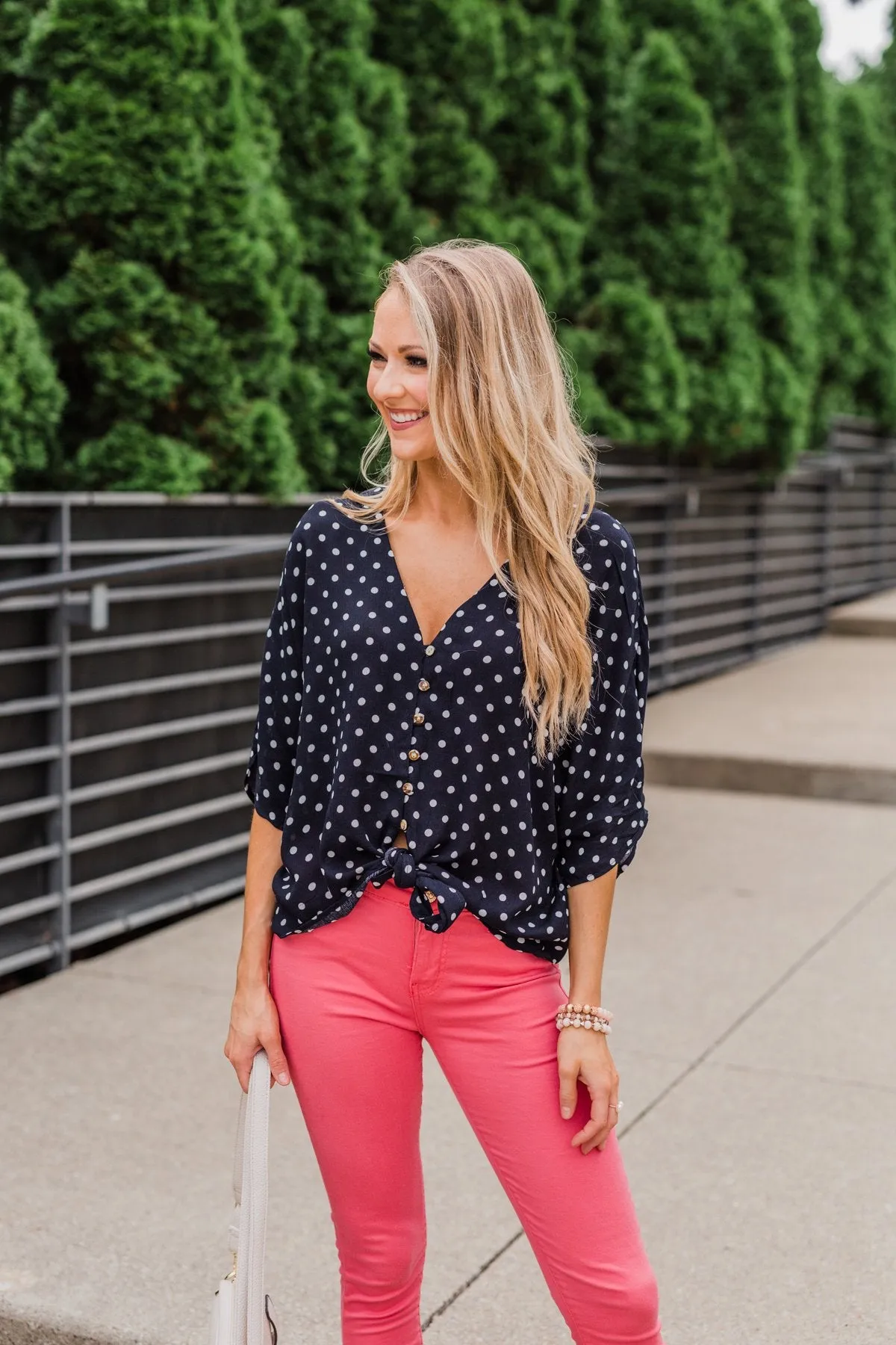 Endless Smiles Front Tie Polka Dot Top- Navy
