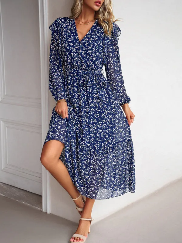 Floral V-neck Midi Dress with Ruffle Shoulders and Wrap Style