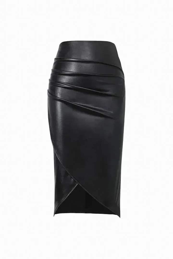 Front Split Leather Skirt Formal Office Work High Waist Sheath midi black Skirt