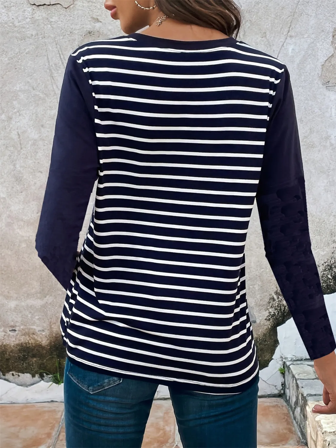 Harbor Decorative Button Striped Round Neck Long Sleeve Top