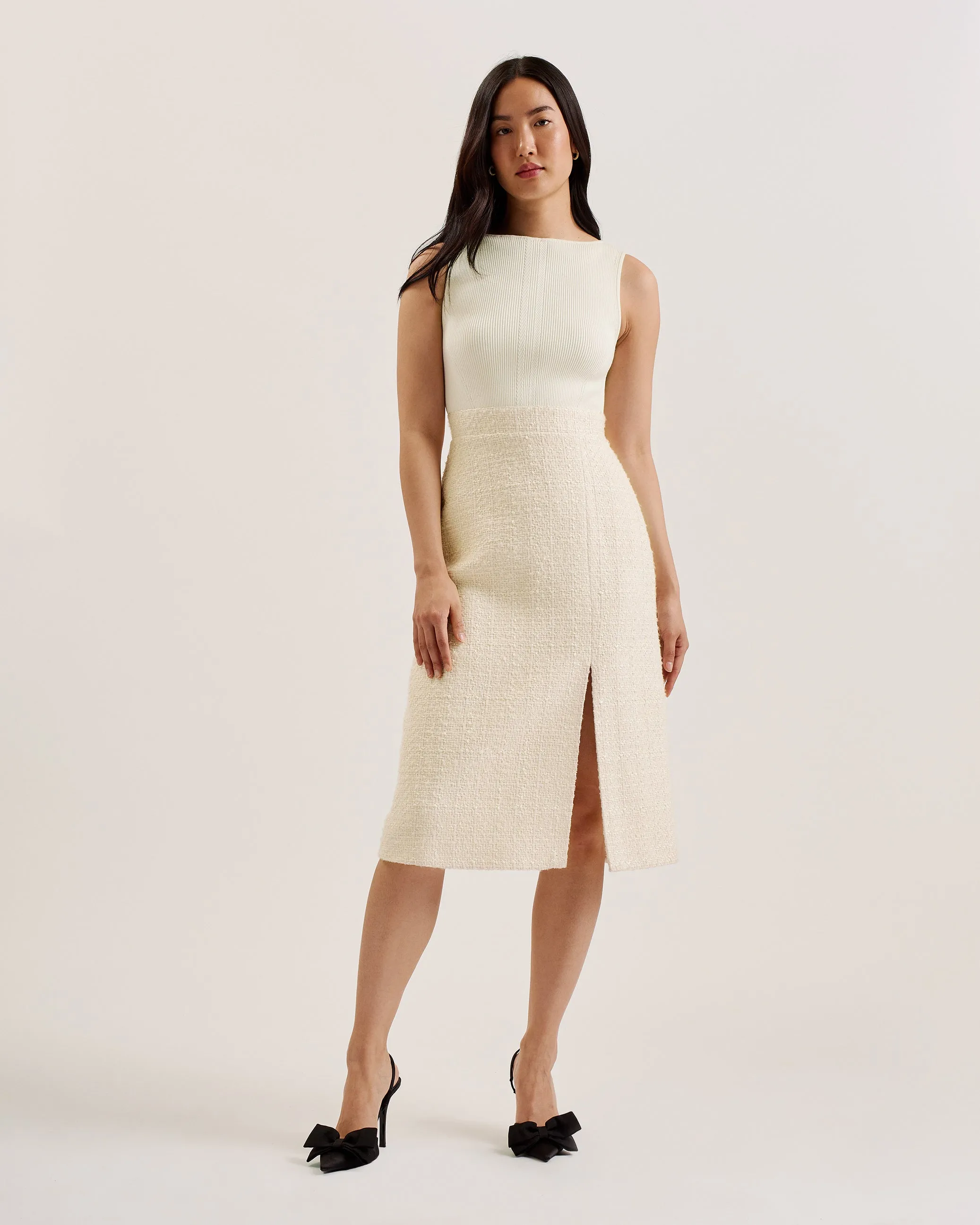 Morim Knit Bodice Boucle Midi Skirt With Side Ivory