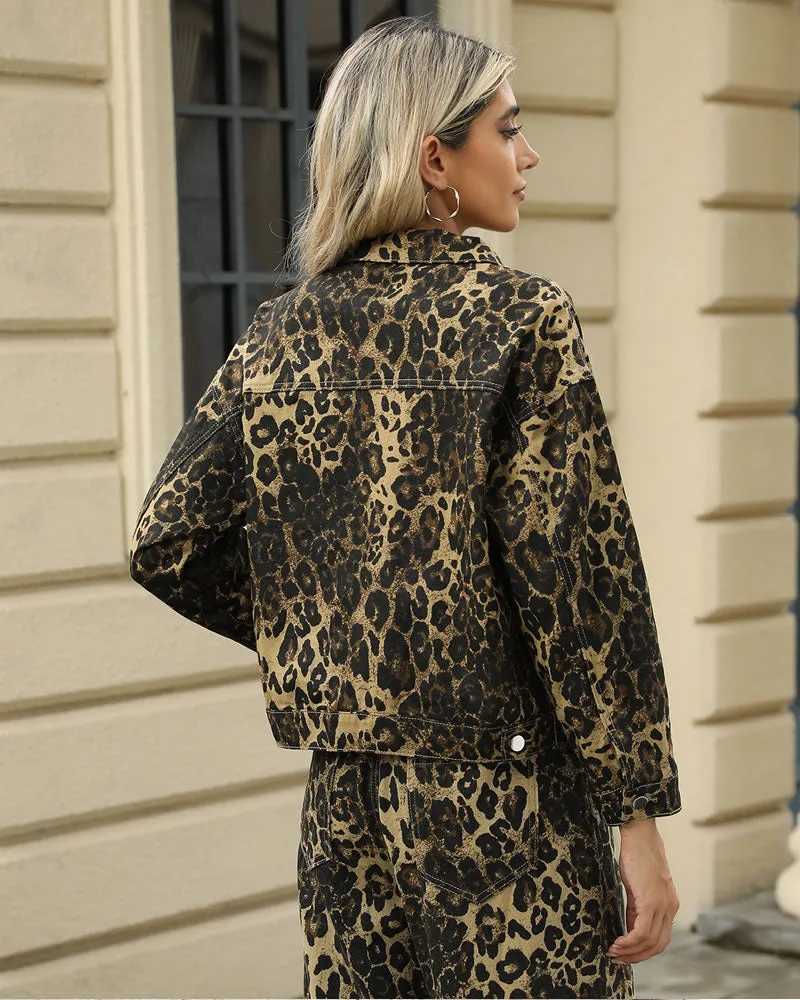 Mutig Leo Leopard Print Crop Denim Jacket