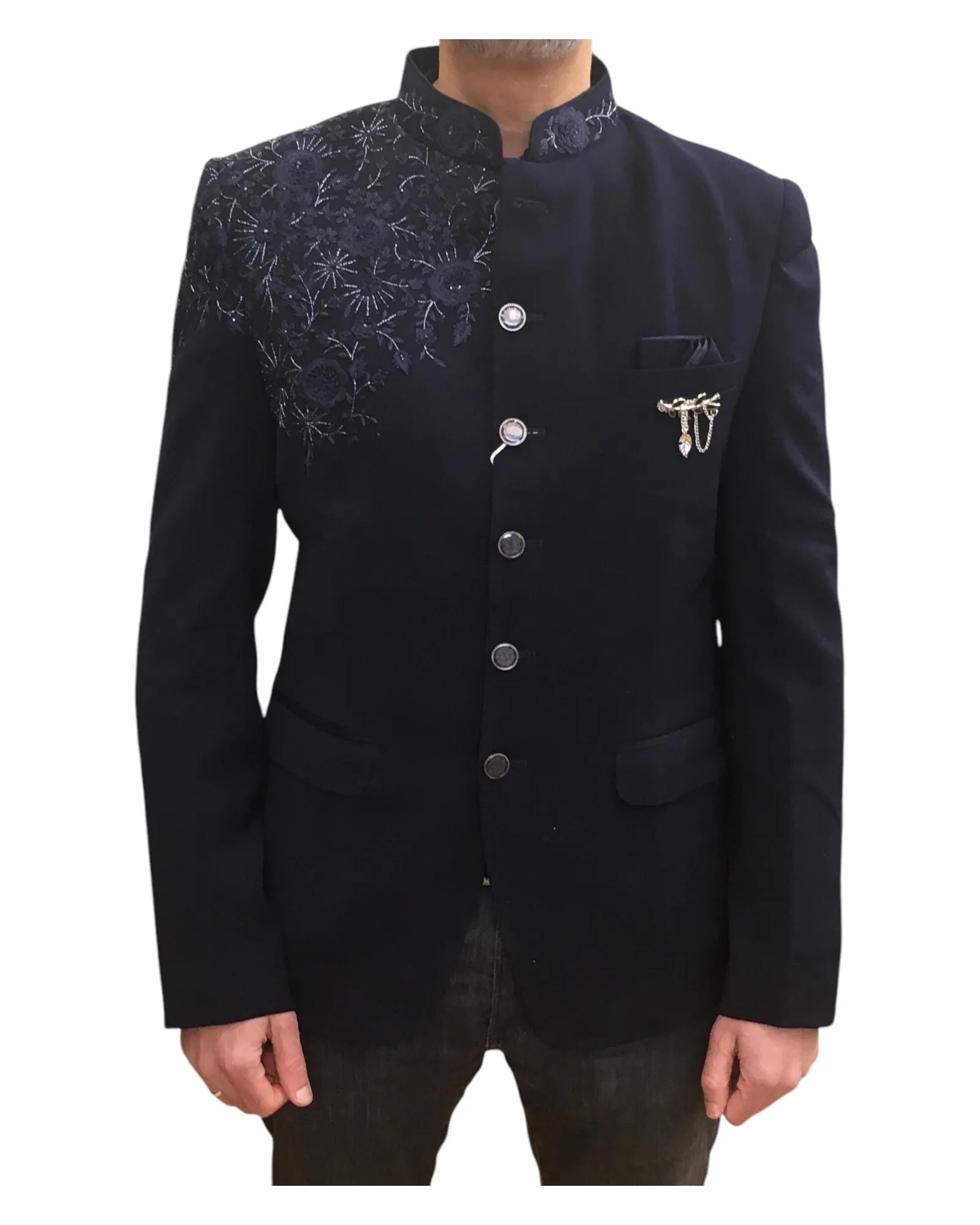 Navy Blue - PREMIUM Mens Self Brocade BandhGala / Prince / Chinese Collar Jacket with Hand Embroidery - Fantastic Fit - CS2507 03AY25