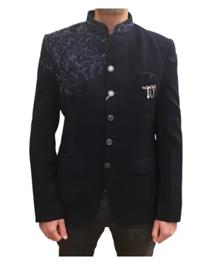 Navy Blue - PREMIUM Mens Self Brocade BandhGala / Prince / Chinese Collar Jacket with Hand Embroidery - Fantastic Fit - CS2507 03AY25