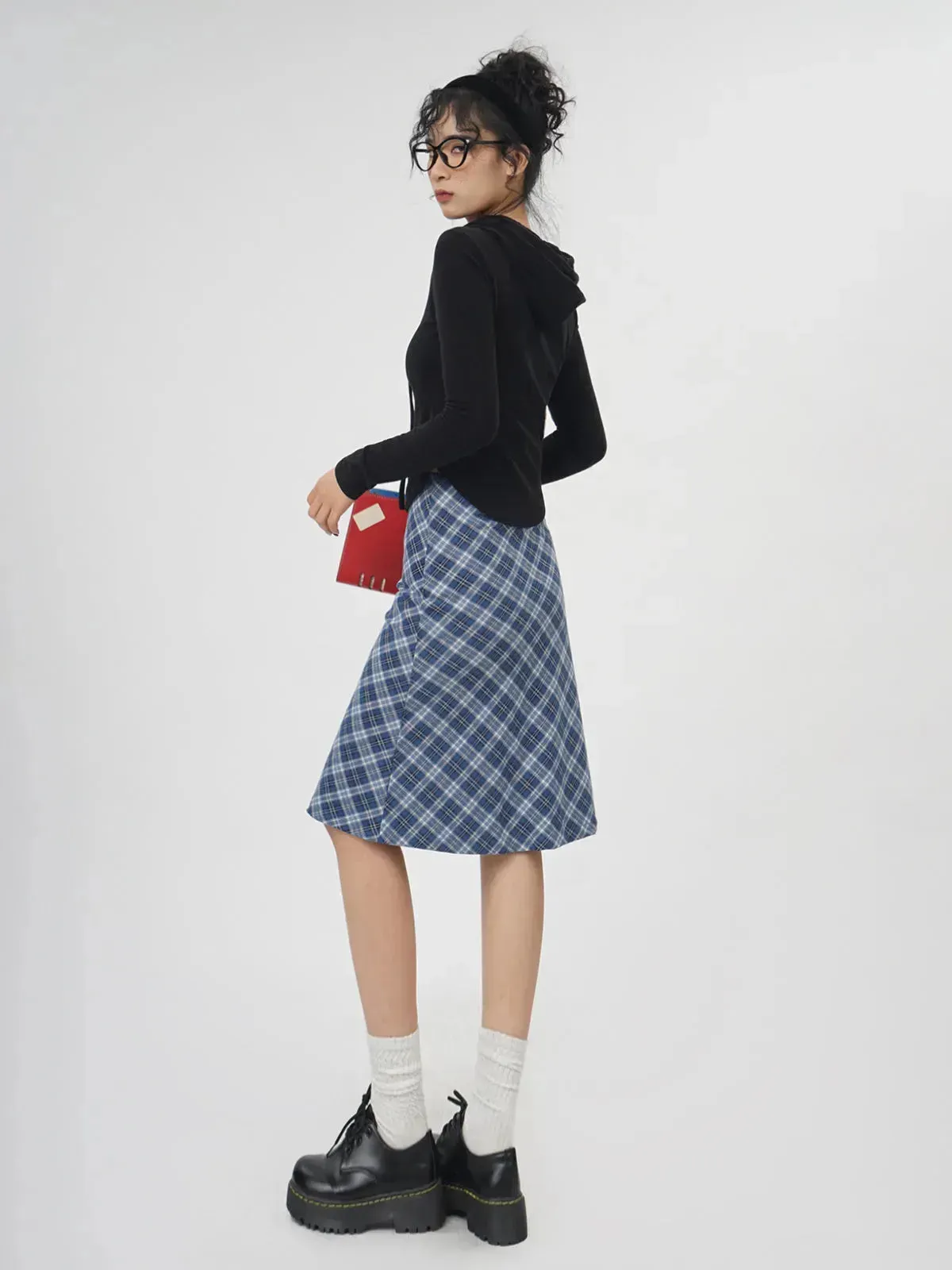 Plaid A- Line Skirt Women's High Waist student Midi Skirt