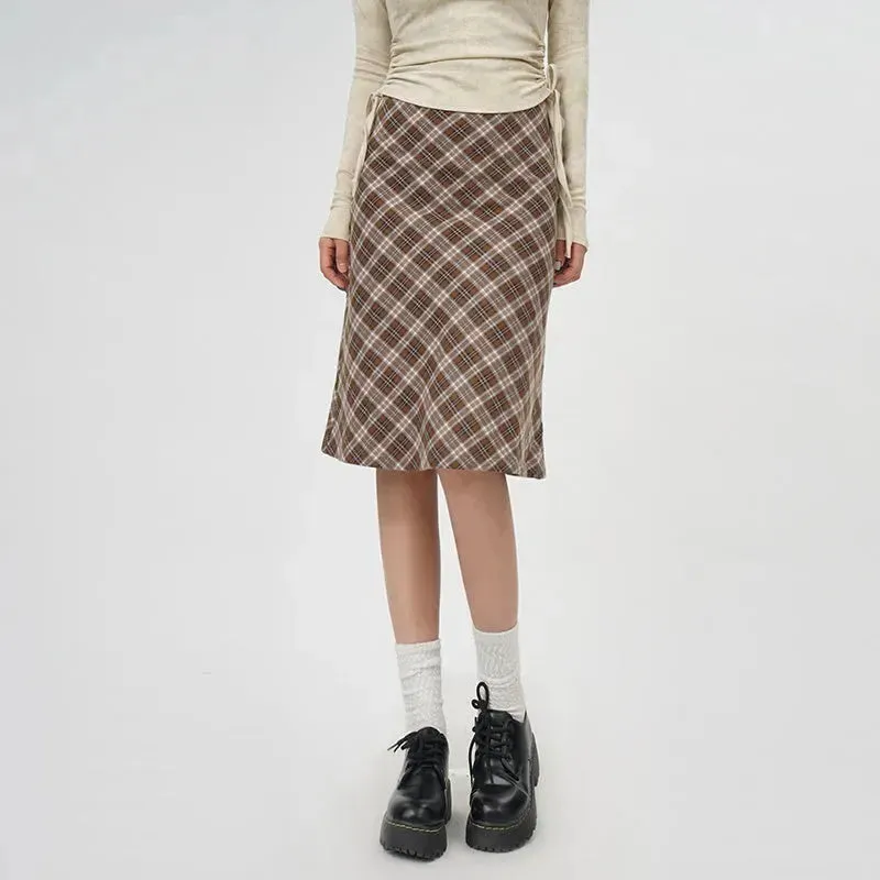 Plaid A- Line Skirt Women's High Waist student Midi Skirt