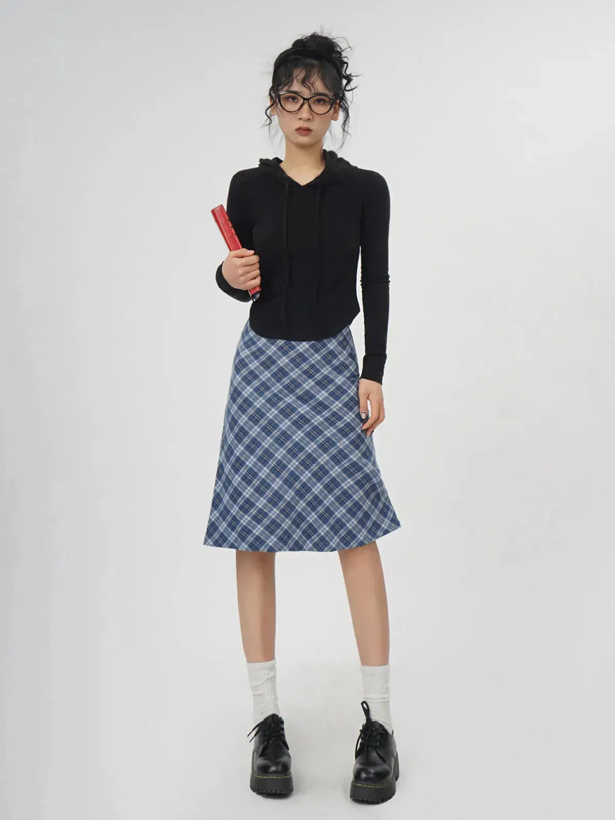 Plaid A- Line Skirt Women's High Waist student Midi Skirt