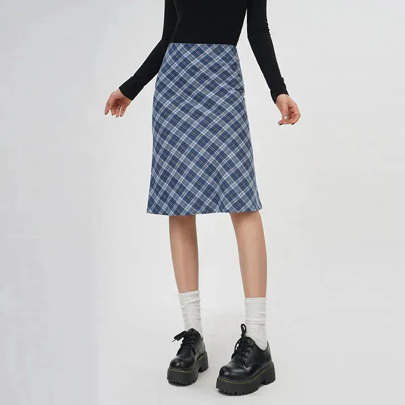 Plaid A- Line Skirt Women's High Waist student Midi Skirt