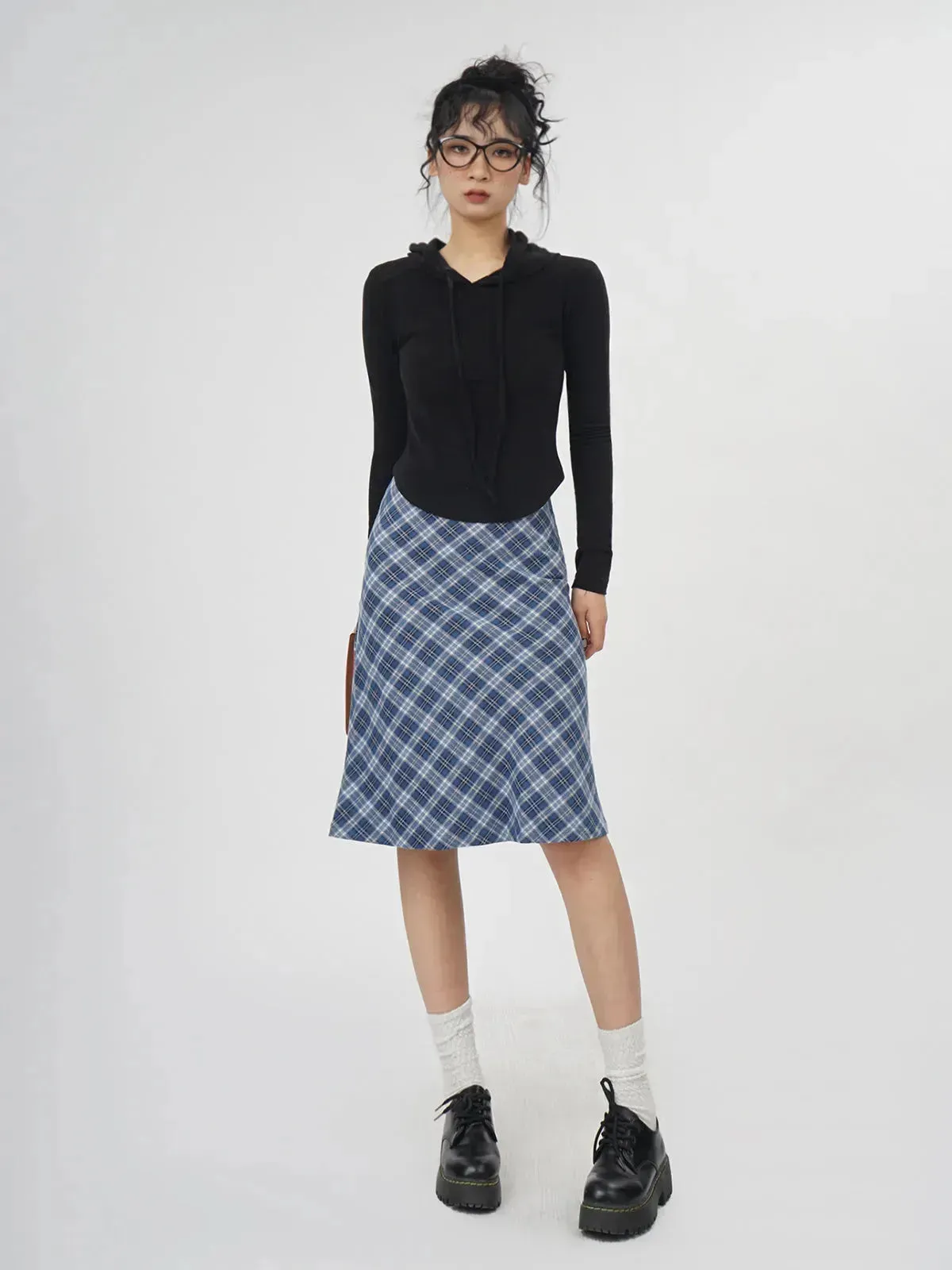 Plaid A- Line Skirt Women's High Waist student Midi Skirt