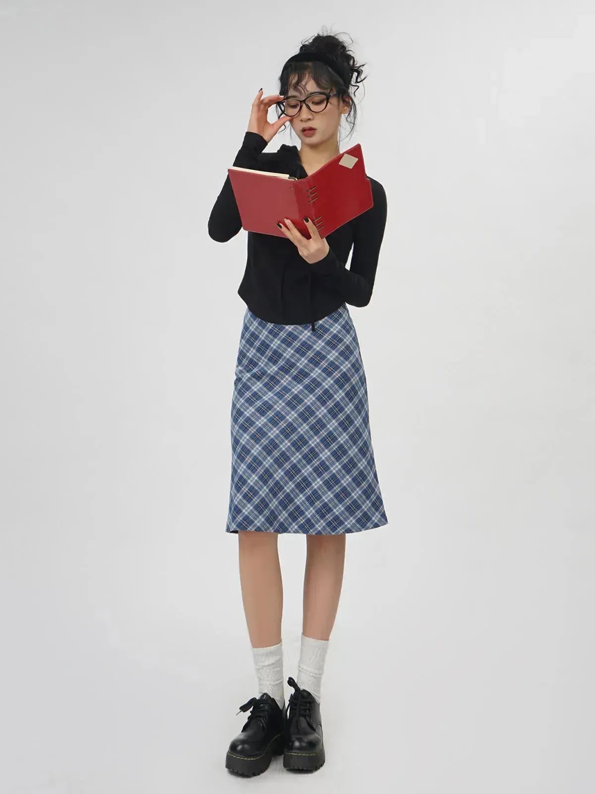 Plaid A- Line Skirt Women's High Waist student Midi Skirt