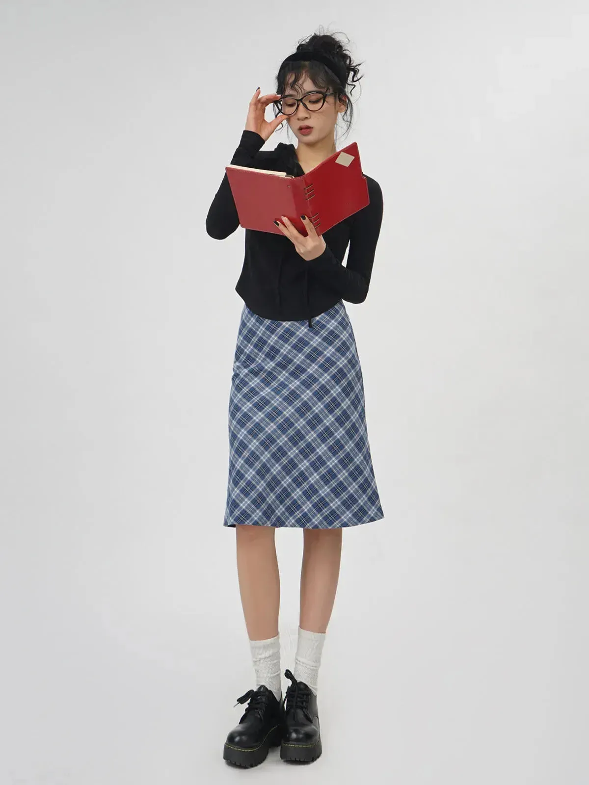 Plaid A- Line Skirt Women's High Waist student Midi Skirt