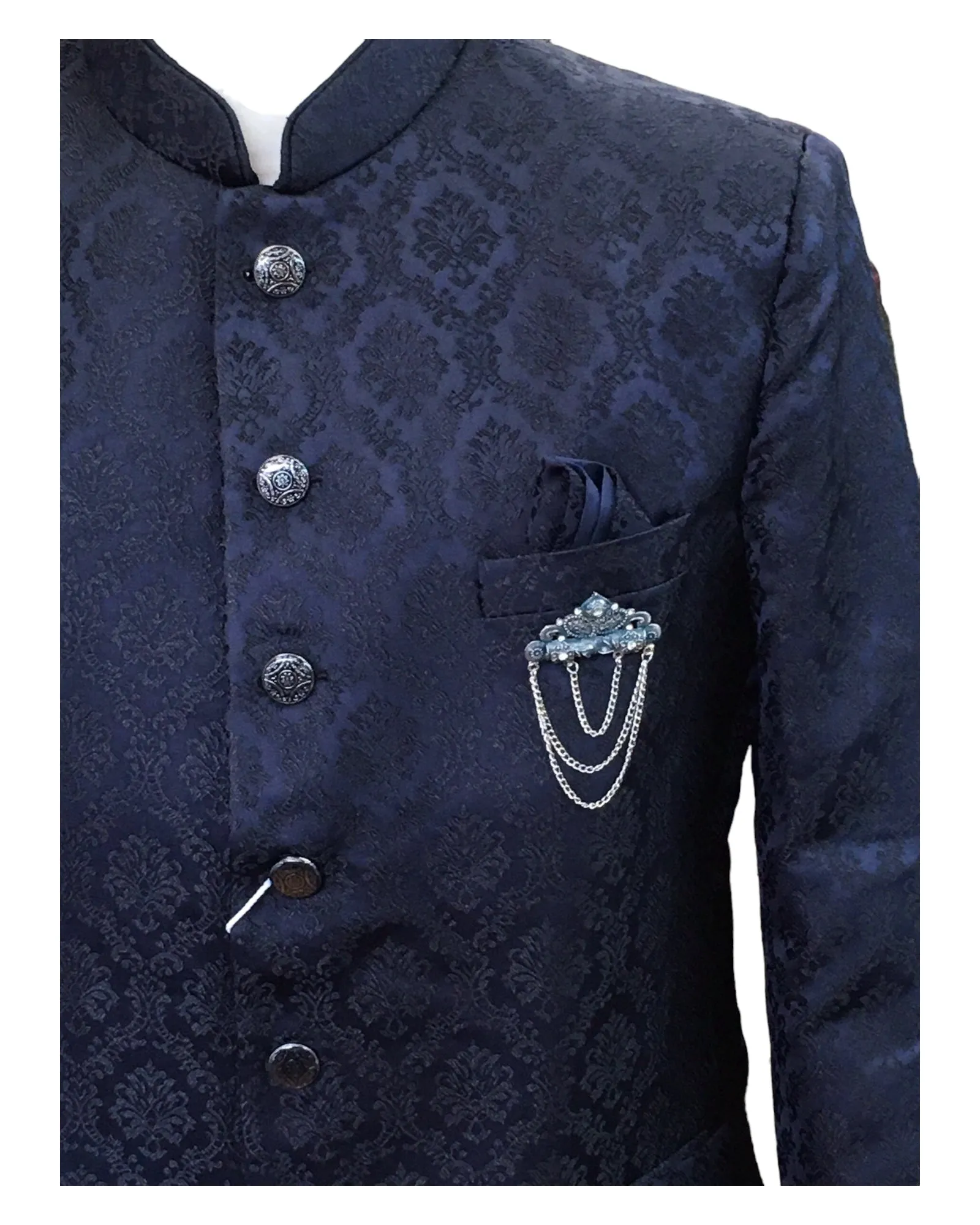 PREMIUM Slim Fit Mens Navy Blue Self Brocade BandhGala / Prince / Chinese Collar Jacket - Fantastic Fit - CS2411 TP 0524