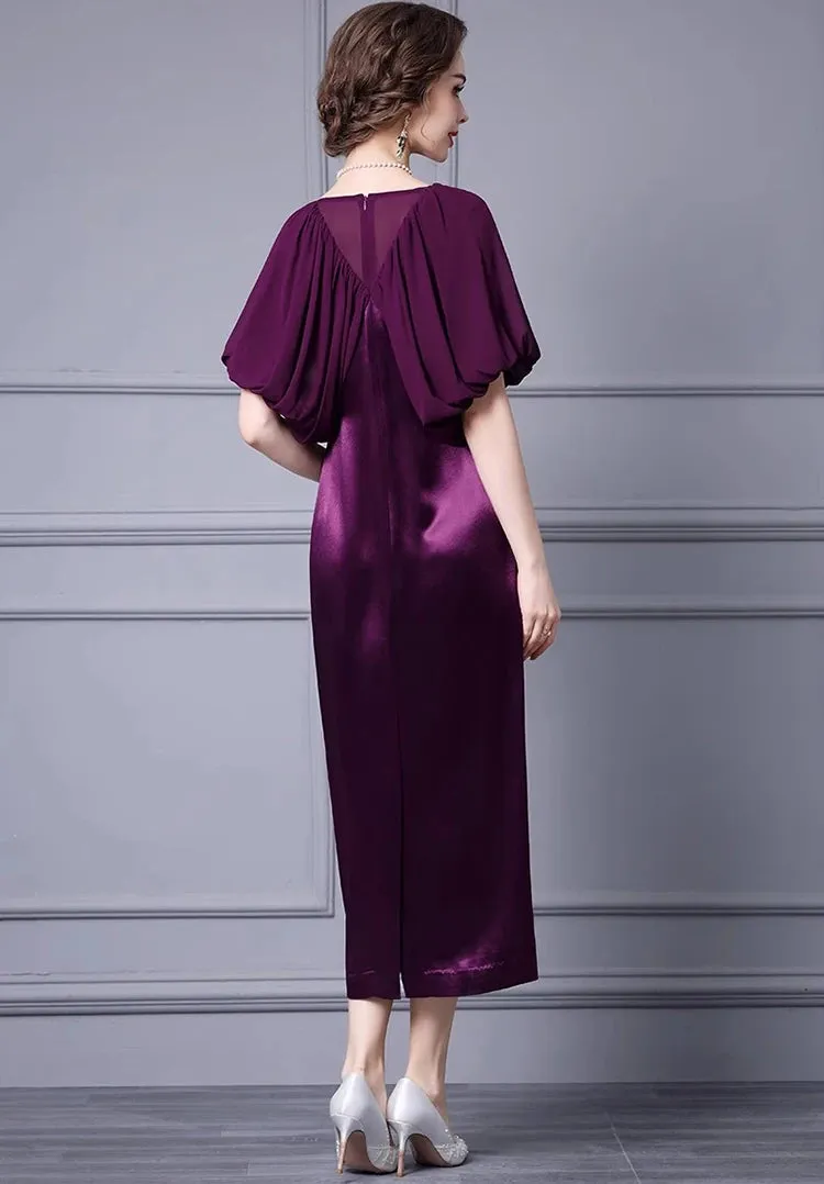 Saira V-Neck Splicing Cloak Sleeves Folds Slim-Fit Hip Wrap Elegant Dress