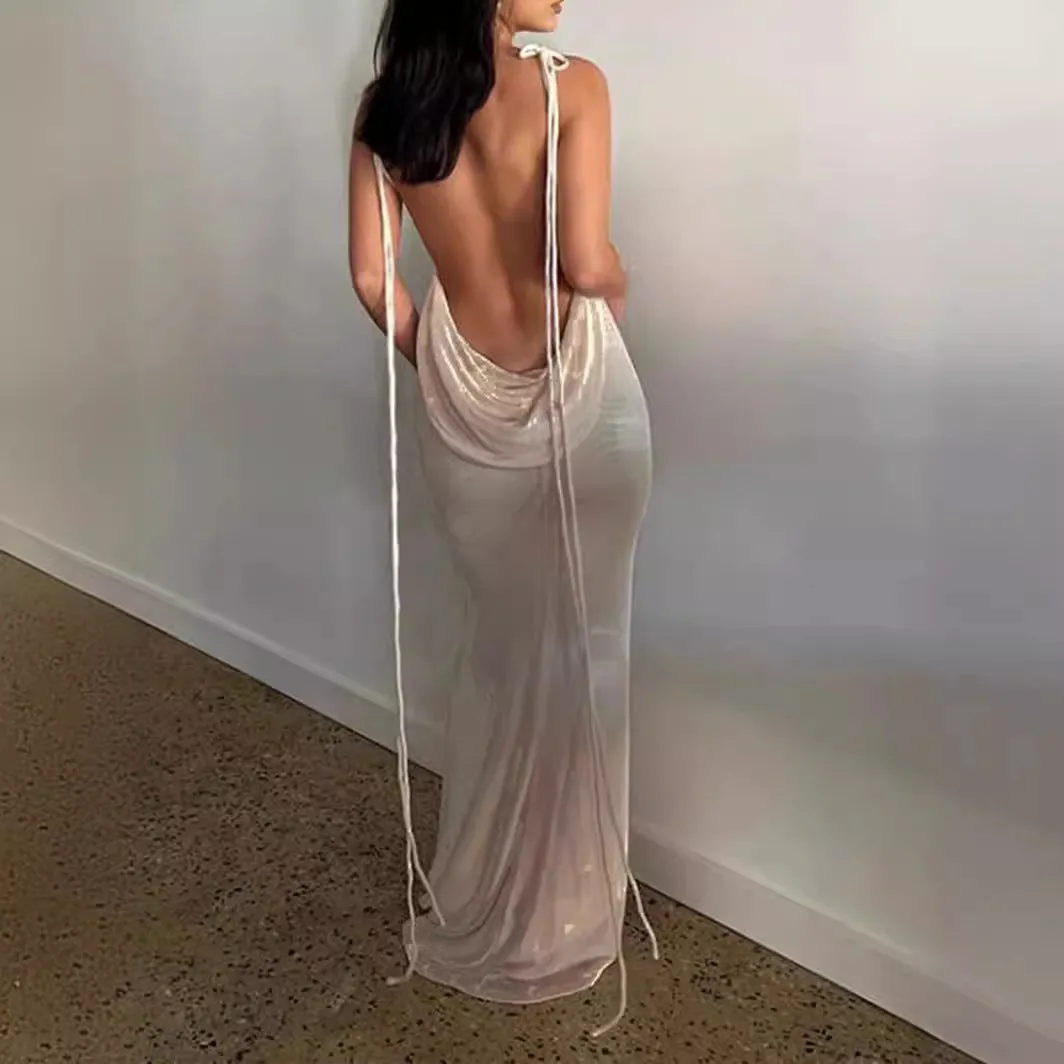 Sexy Lace-up Solid Color Dress Tube Top Halter Neck Open Back Maxi Dresses Wholesale Womens Clothing N3824052000011