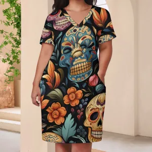 Sugar Skulls Floral V-Neck Loose Pocket Short Sleeve Dress