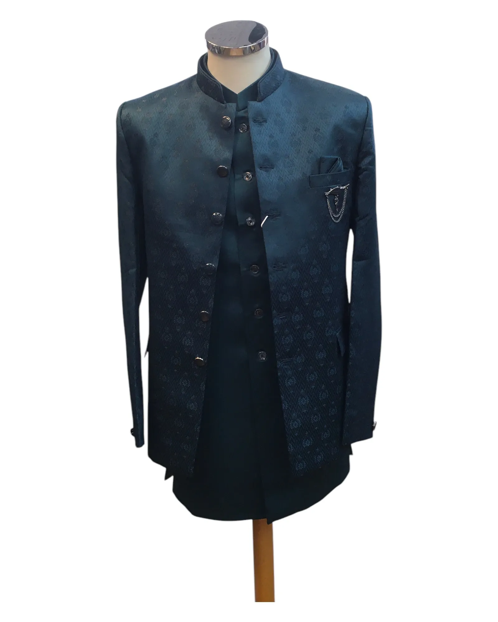 Teal - PREMIUM Slim Fit Mens Self Brocade BandhGala / Prince / Chinese Collar Jacket with Long inside Waistcoat - Fantastic Fit - CS2505 01PY25