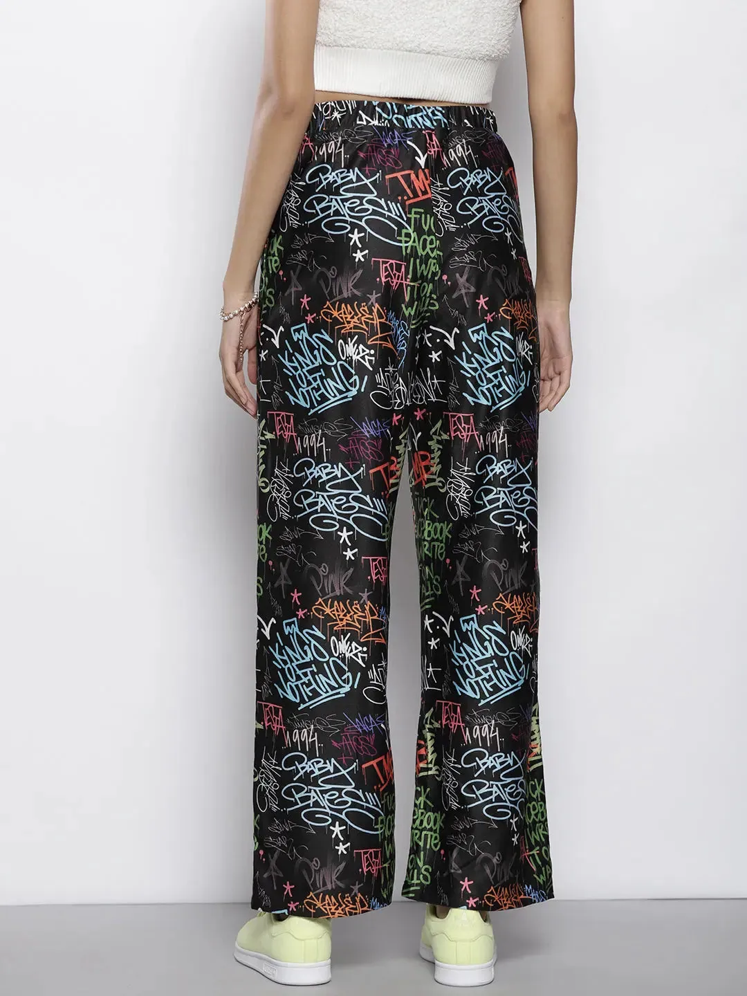 Women Black Text Print Staright Pants