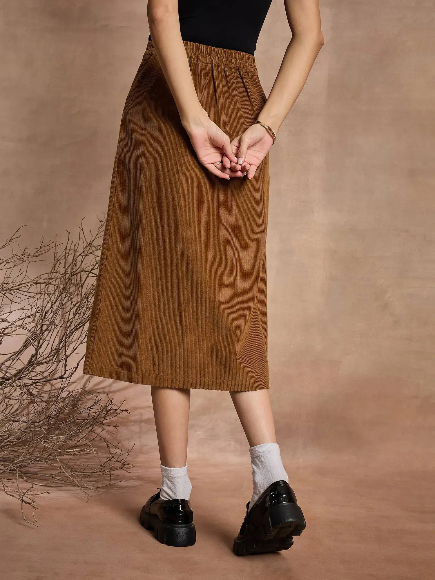 Women Brown Corduroy Mock Pocket Skirt-SFSKRT30472