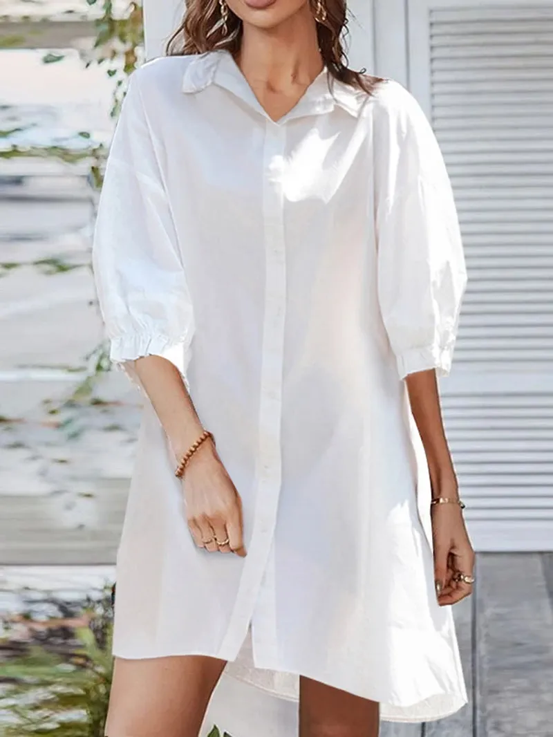 Women Daily Casual 3/4 Length Sleeve Solid Color Shirt Dresses
