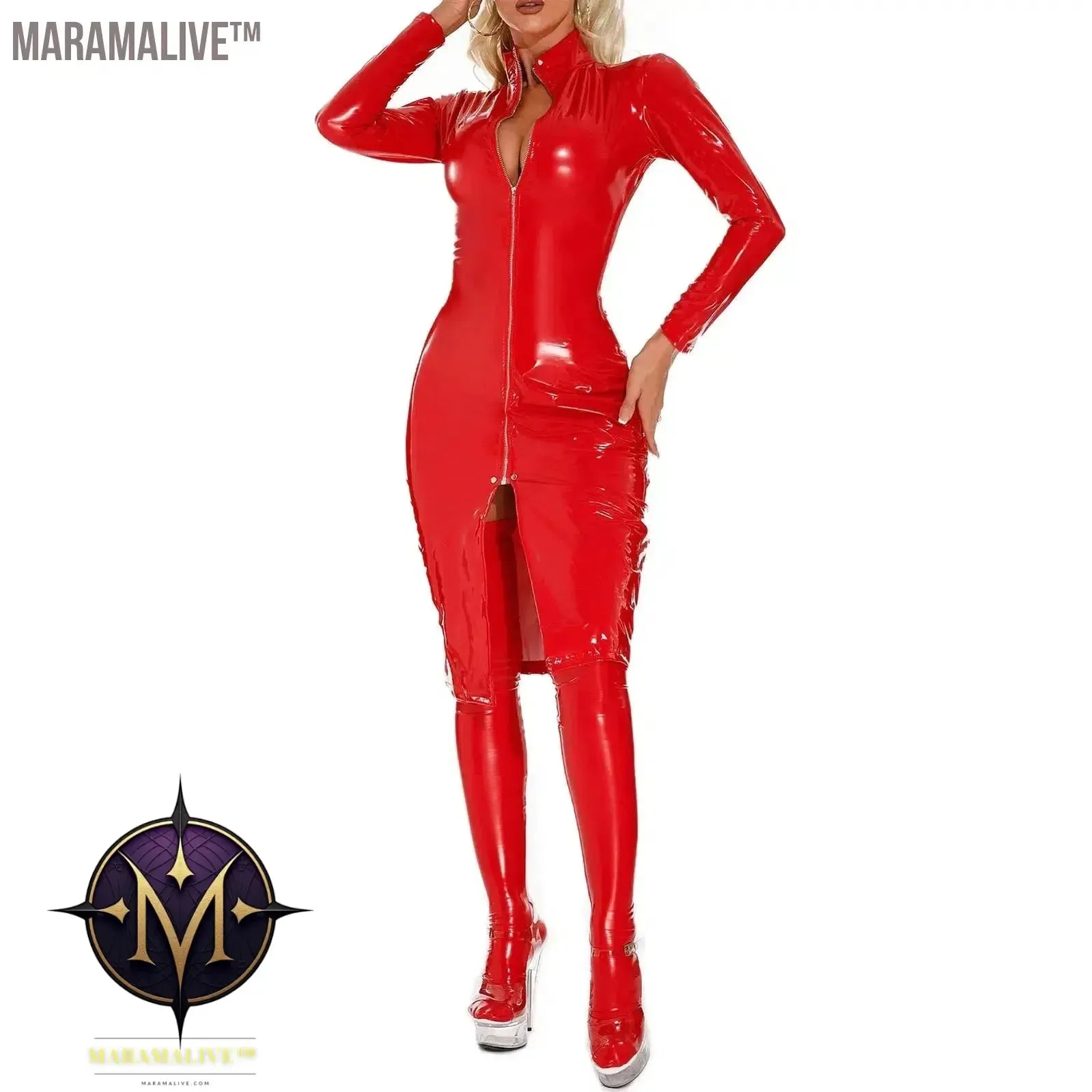 Women Zipper Patent Leather Bodycon Dress Punk Knee Length Stand Collar Long Sleeve Dresses for Nightclub Rave Dance Performance