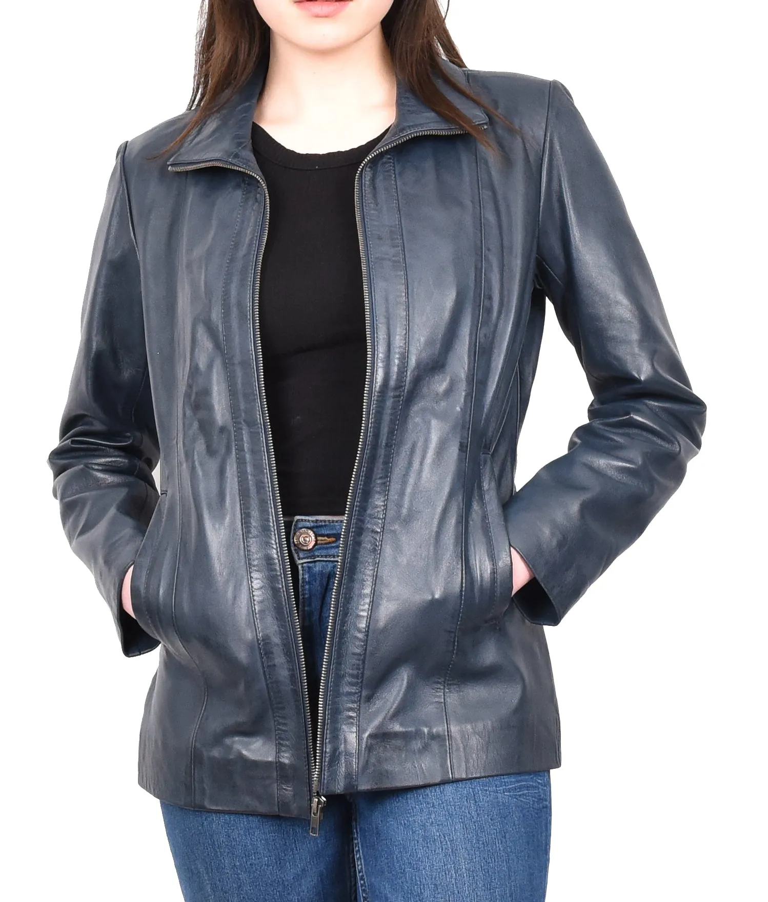 Women's Casual Semi Fitted Real Leather Jacket Blue Raven2