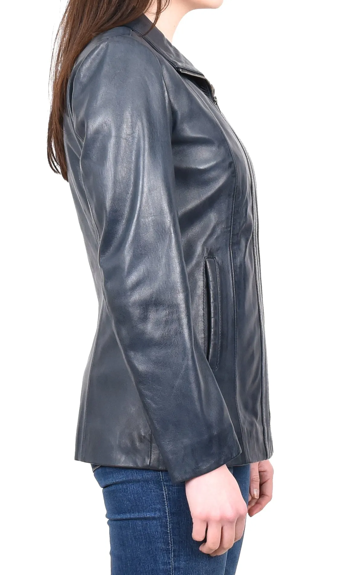 Women's Casual Semi Fitted Real Leather Jacket Blue Raven2