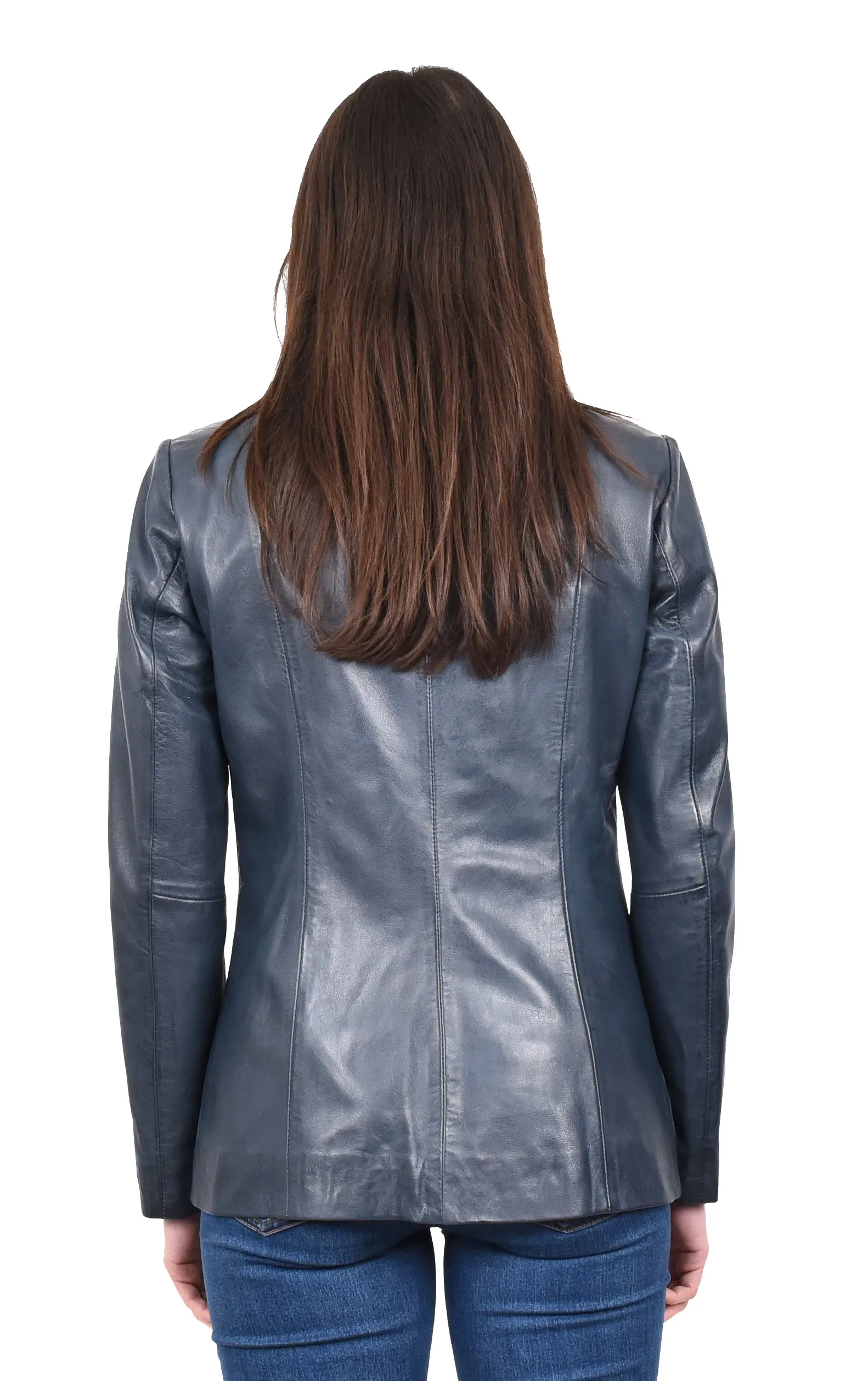 Women's Casual Semi Fitted Real Leather Jacket Blue Raven2