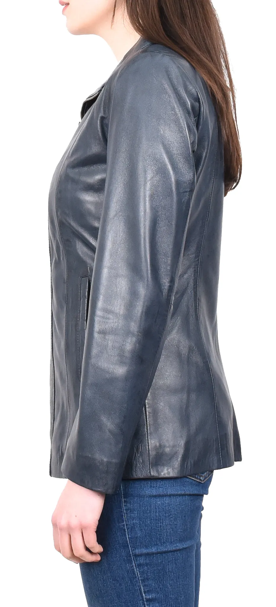Women's Casual Semi Fitted Real Leather Jacket Blue Raven2