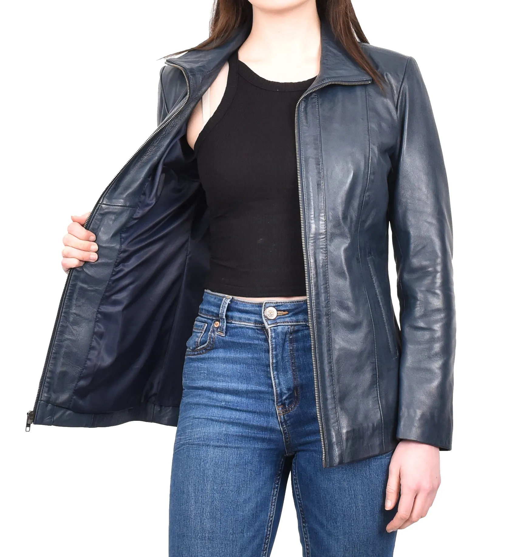 Women's Casual Semi Fitted Real Leather Jacket Blue Raven2