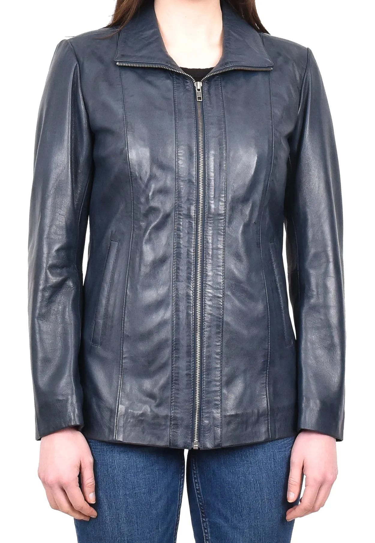 Women's Casual Semi Fitted Real Leather Jacket Blue Raven2
