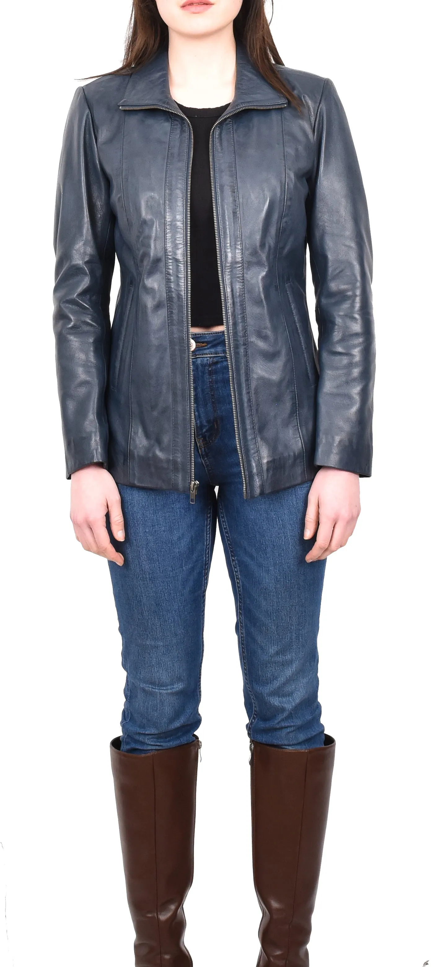 Women's Casual Semi Fitted Real Leather Jacket Blue Raven2