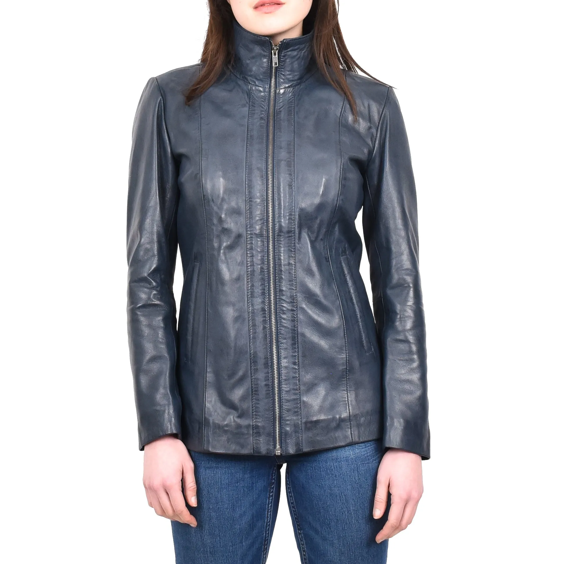 Women's Casual Semi Fitted Real Leather Jacket Blue Raven2