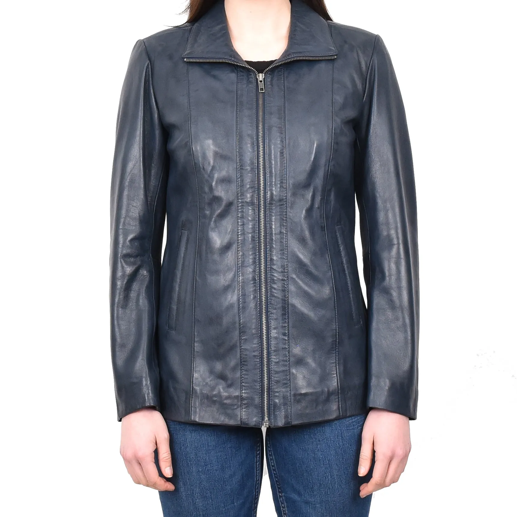Women's Casual Semi Fitted Real Leather Jacket Blue Raven2
