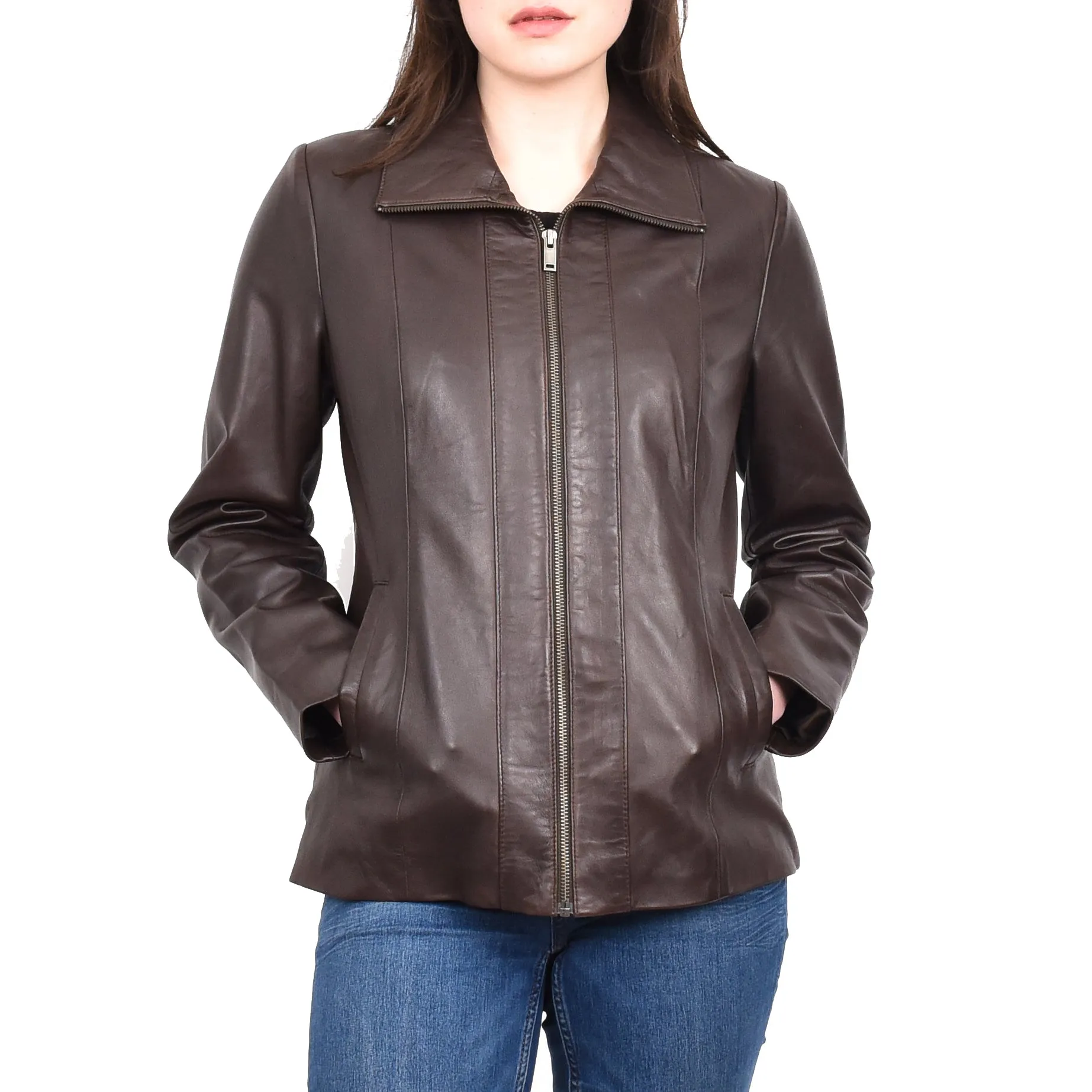 Women's Casual Semi Fitted Real Leather Jacket Brown Raven2