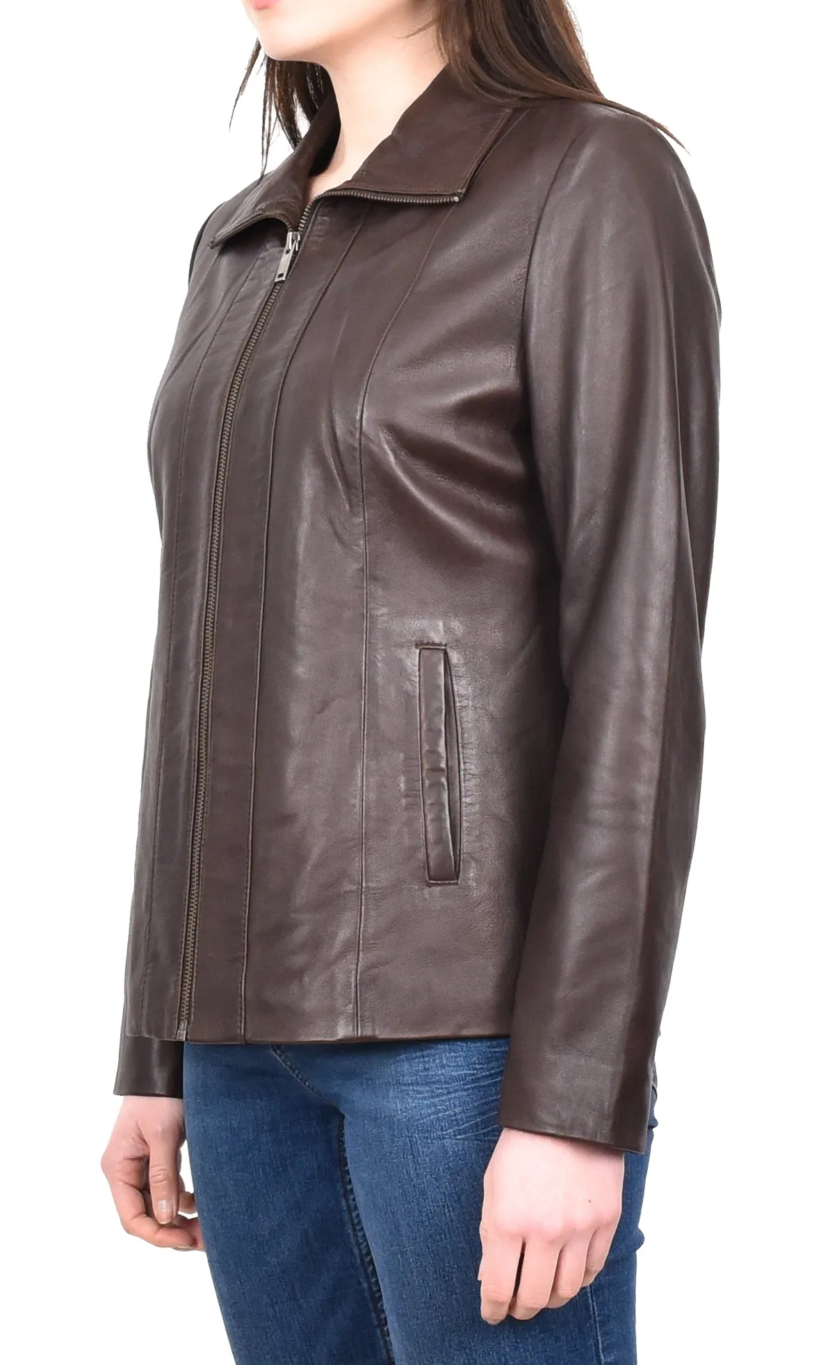 Women's Casual Semi Fitted Real Leather Jacket Brown Raven2
