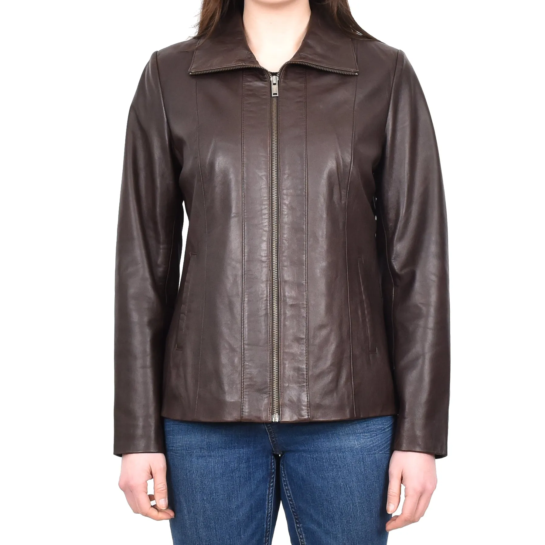 Women's Casual Semi Fitted Real Leather Jacket Brown Raven2