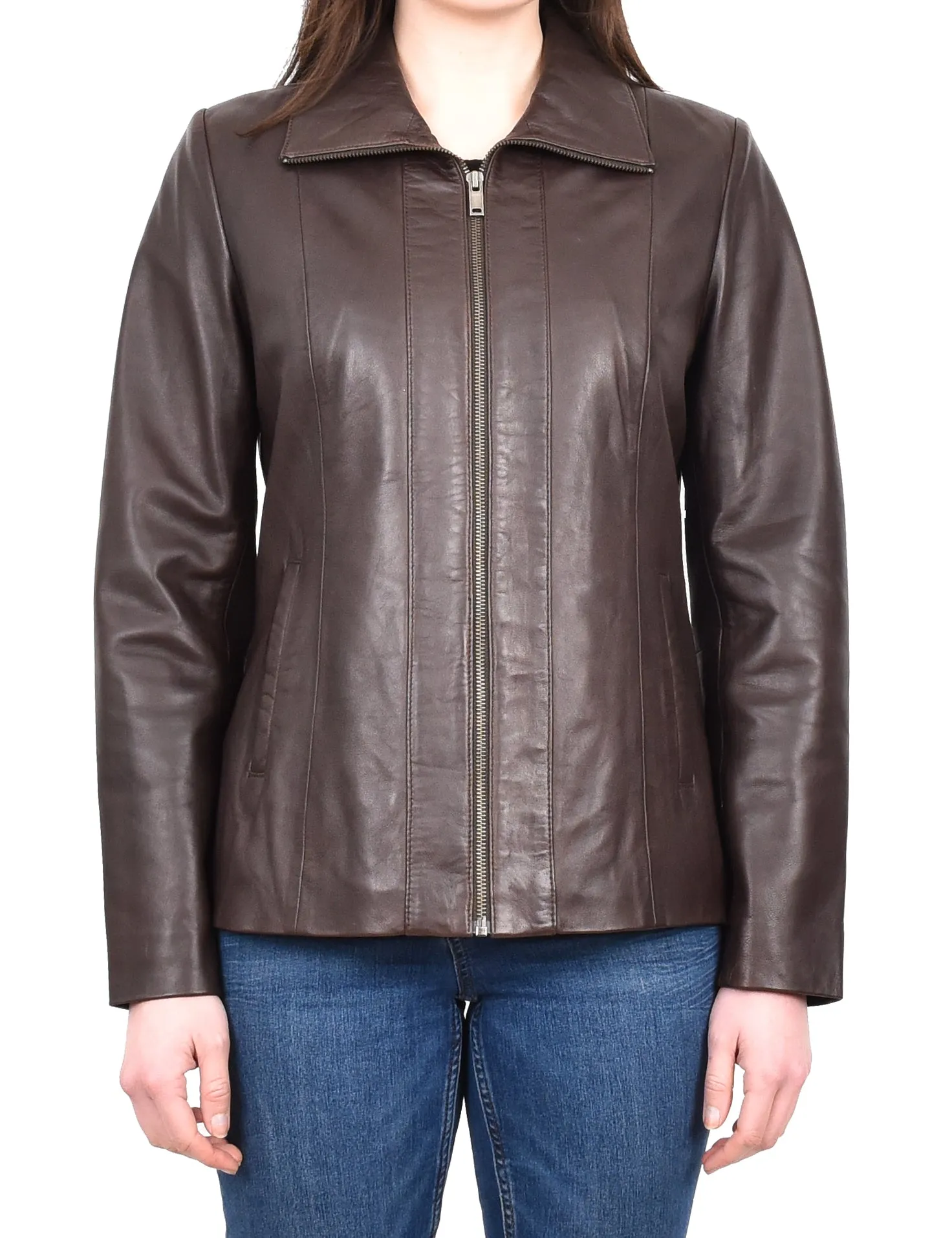 Women's Casual Semi Fitted Real Leather Jacket Brown Raven2