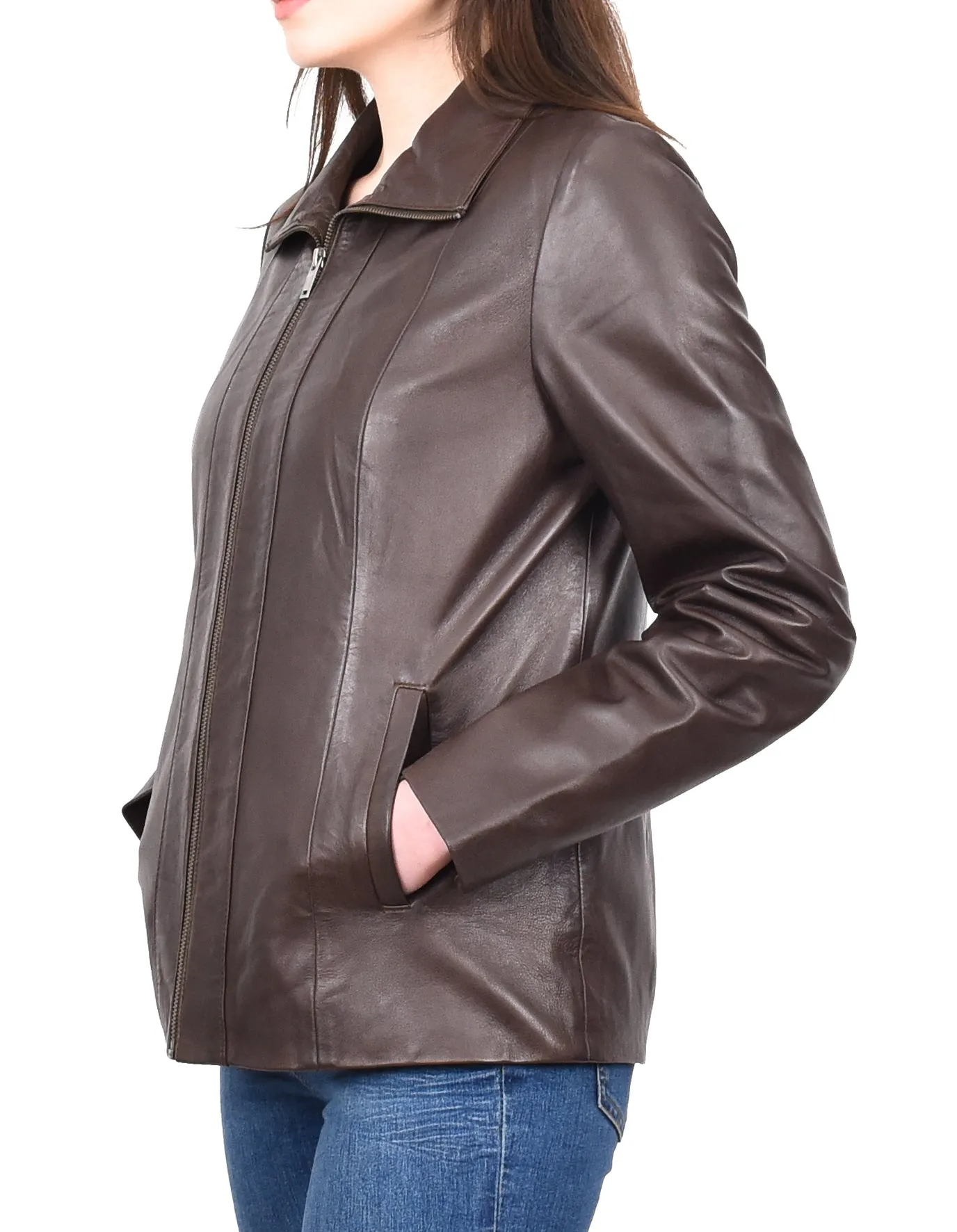 Women's Casual Semi Fitted Real Leather Jacket Brown Raven2