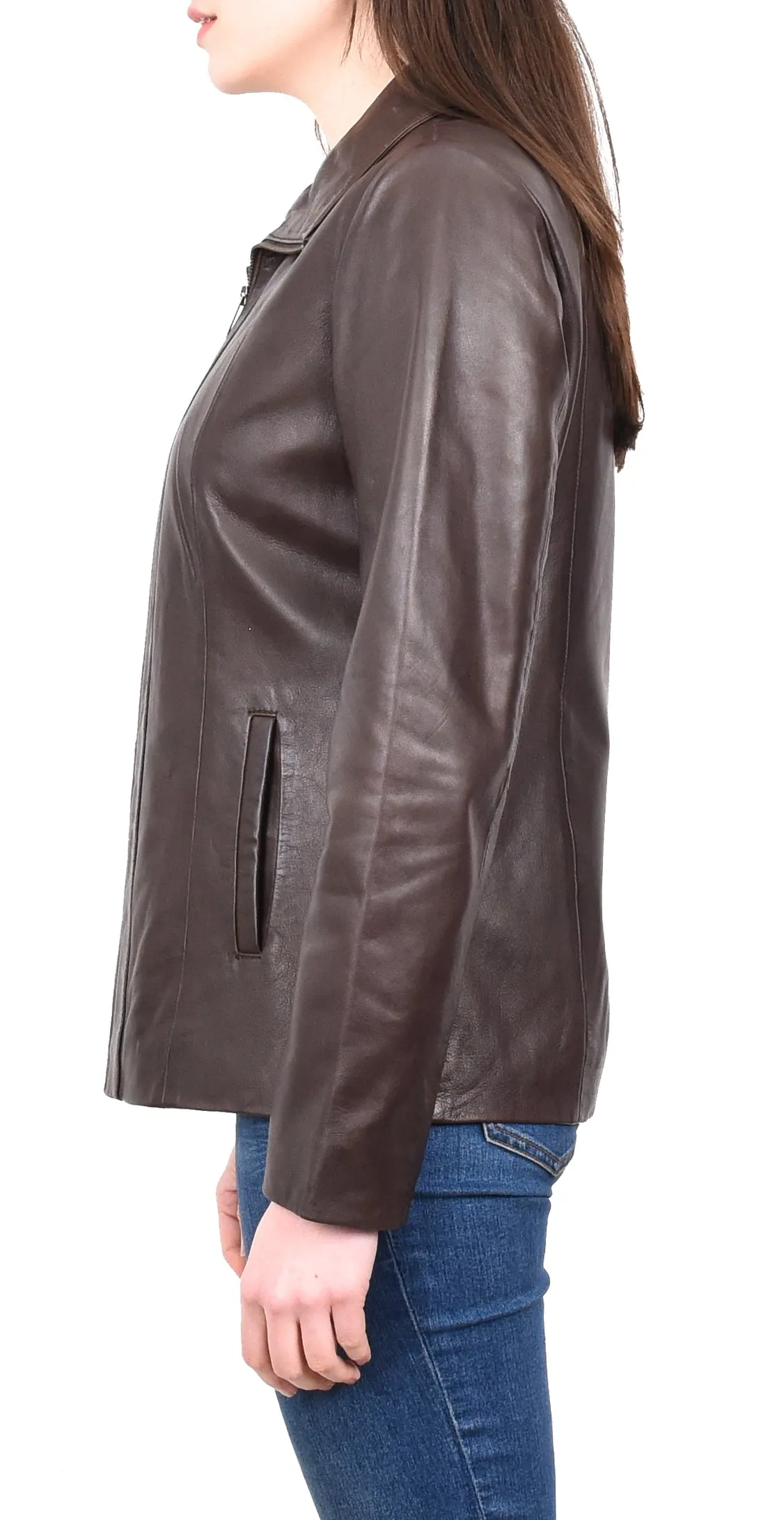 Women's Casual Semi Fitted Real Leather Jacket Brown Raven2
