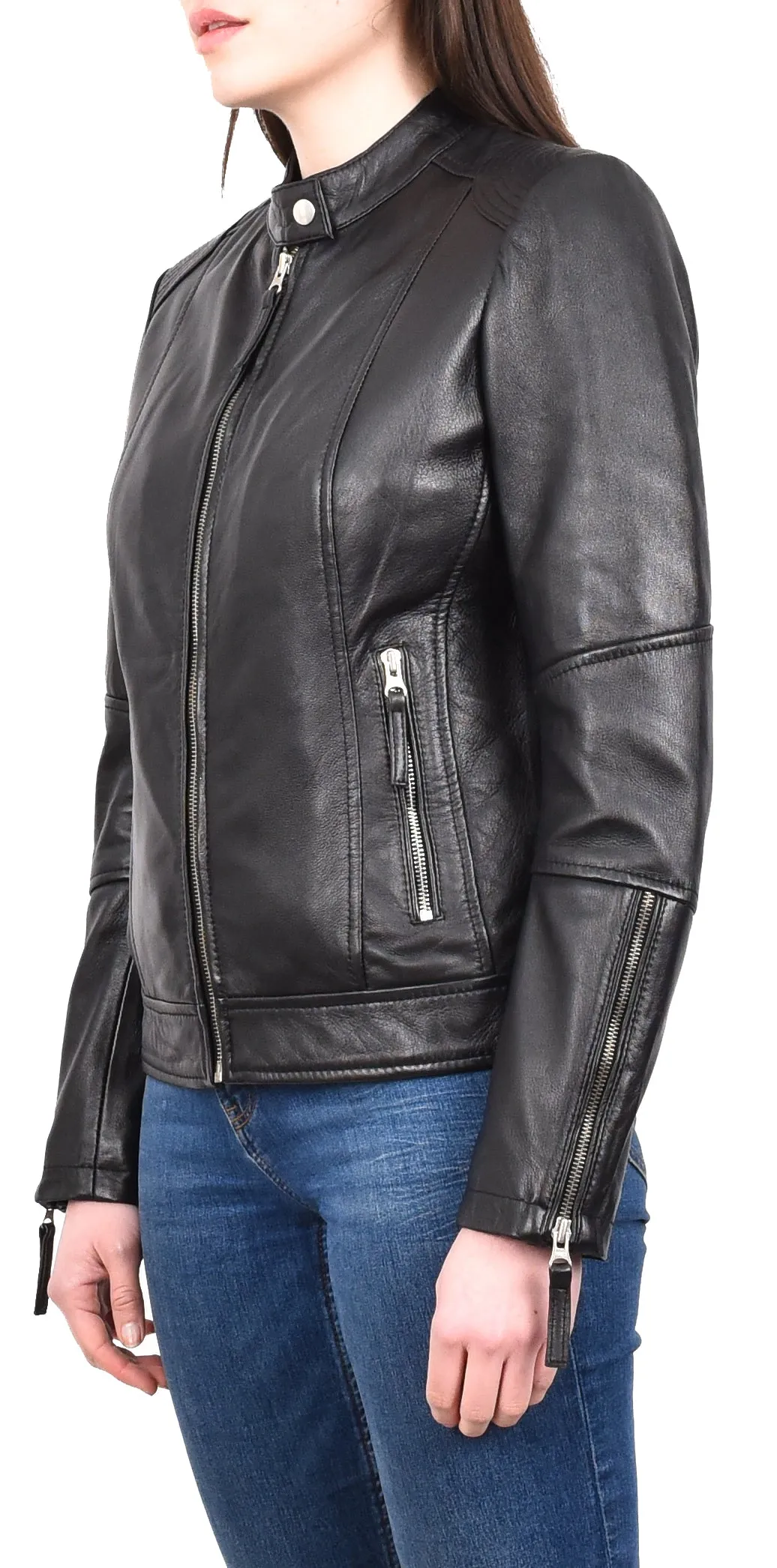 Women's Casual Zip up Genuine Leather Biker Jacket Black Fern