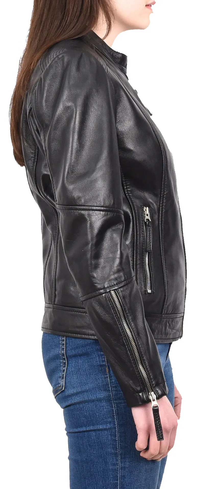 Women's Casual Zip up Genuine Leather Biker Jacket Black Fern