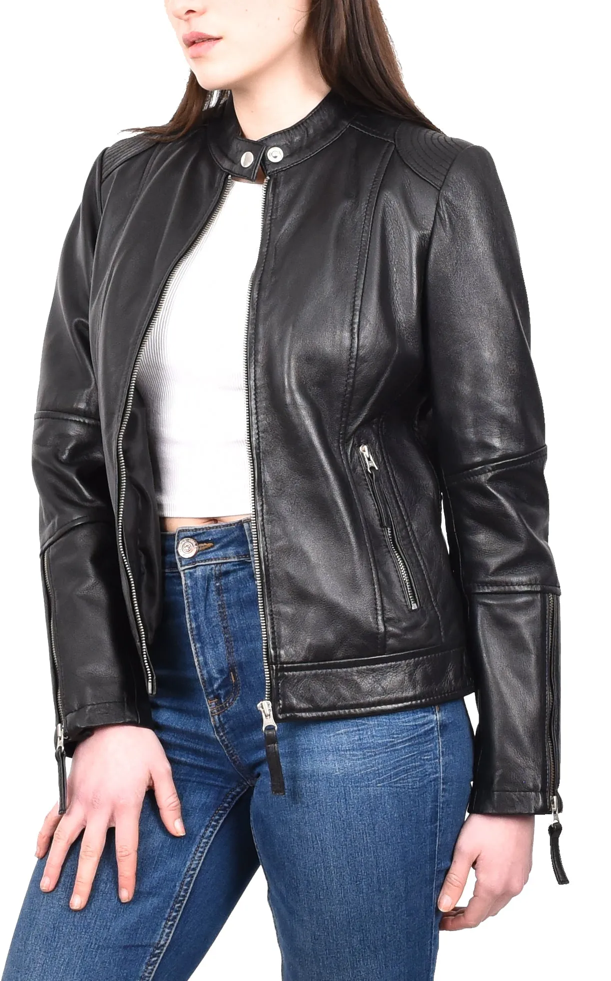 Women's Casual Zip up Genuine Leather Biker Jacket Black Fern