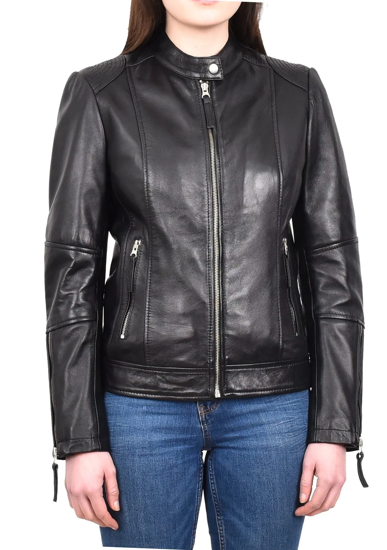 Women's Casual Zip up Genuine Leather Biker Jacket Black Fern