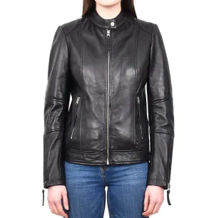 Women's Casual Zip up Genuine Leather Biker Jacket Black Fern