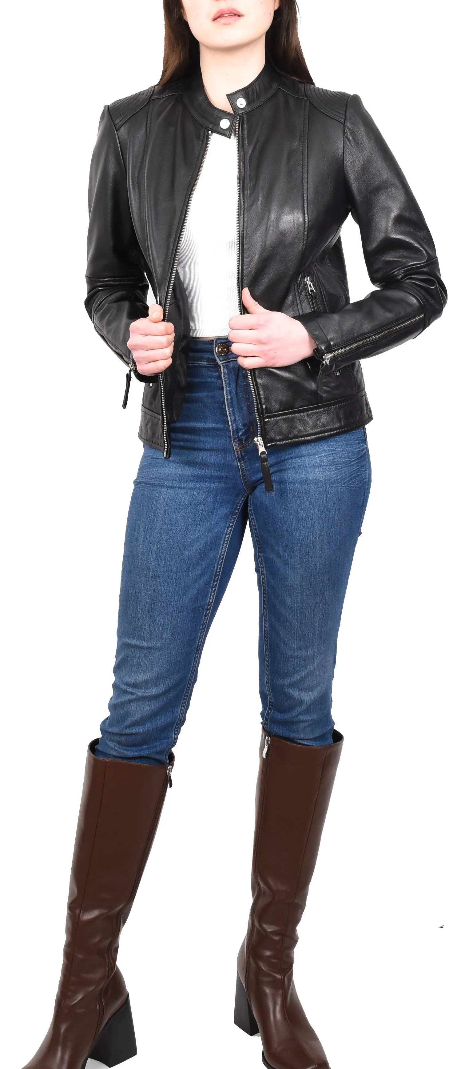 Women's Casual Zip up Genuine Leather Biker Jacket Black Fern