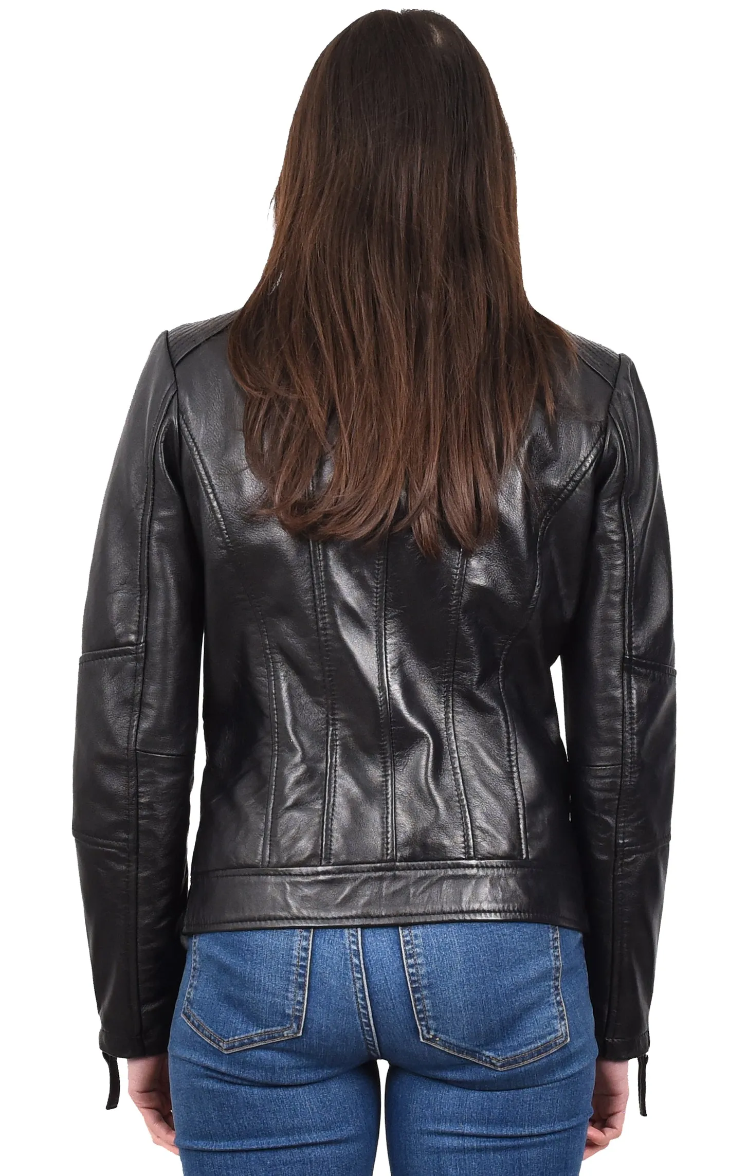 Women's Casual Zip up Genuine Leather Biker Jacket Black Fern