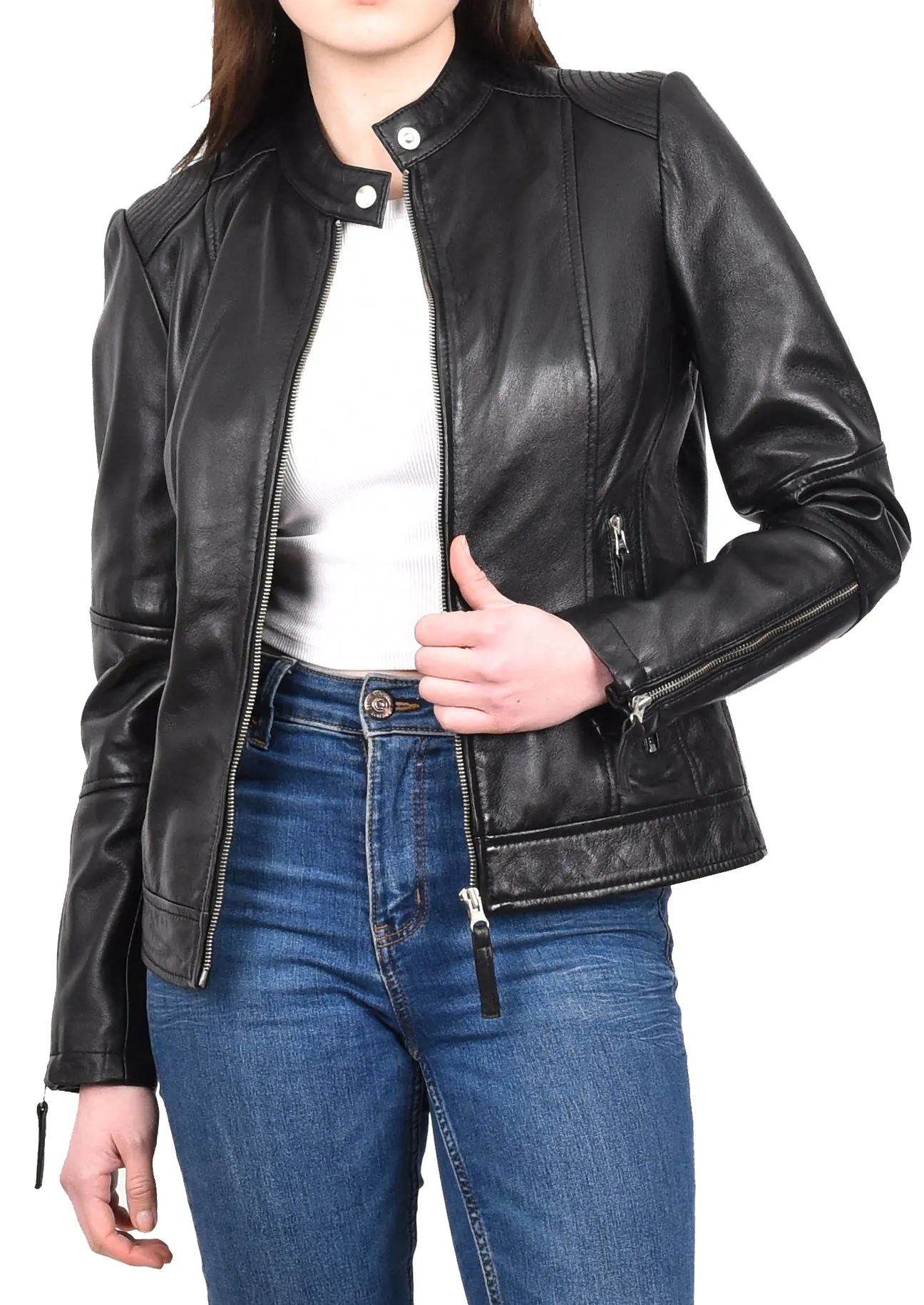 Women's Casual Zip up Genuine Leather Biker Jacket Black Fern